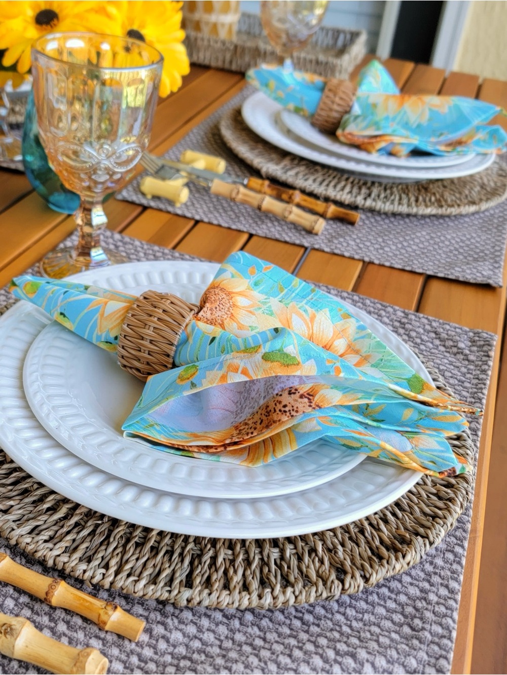 Set of 6 - Sunflower Print Blue Cotton Napkin Set with Placemats and Napkin Ring